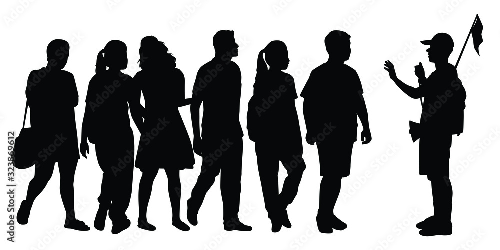 Group of tourist with guide silhouette vector - obrazy, fototapety, plakaty 
