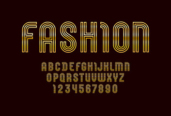 Chic golden font, fashion alphabet of line, capital letters from A to Z and numbers from 0 to 9 for you designs: logo, t-shirt, poster, greeting cards, fashion banner, vector illustration 10EPS