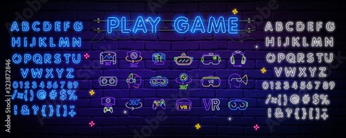 Neon sign 3 in the game, bright sign, light banner. The logo of the game. Cre...