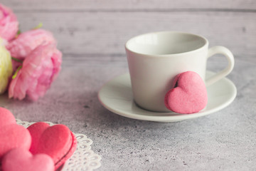 Macaroons. Delicious french dessert. Macaroons are made in the shape of a heart. Romantic composition. Great for Valentine's day or romantic design.