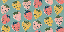 Hand Drawn Modern Illustration With Strawberry. Vintage Trendy Vector Seamless Pattern In Vibrant Colors. Retro, Pin-up Repeating Texture.