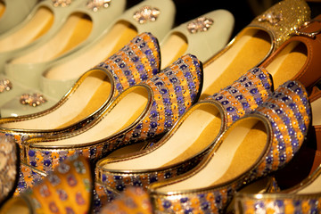 Indian traditional Colorful Punjabi Jutti shoes stall background