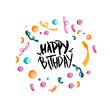 © ka.yansh - Digital art happy birthday square greeting card with inscription, cake, confetti on a white background. Print for wrapping paper, cards, web design, fabrics, gift bags and boxes.