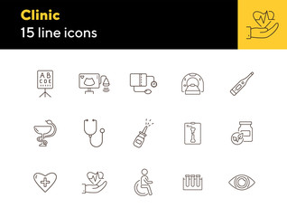 Sticker - Clinic icons. Set of line icons. Stethoscope, nasal spray, x-ray, lab test tubes. Hospital concept. Vector illustration can be used for topics like healthcare, medicine, treatment