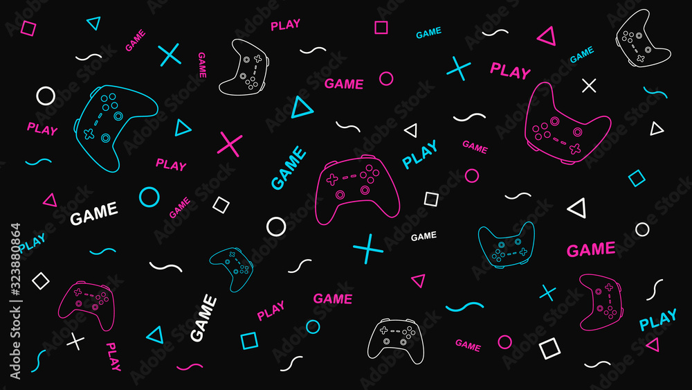 Game background with gamepad and graphic elements. Joystick sign. Outline design vector illustration. - obrazy, fototapety, plakaty 
