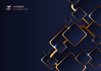 Abstract futuristic geometric golden square pattern on dark blue background with lighting.