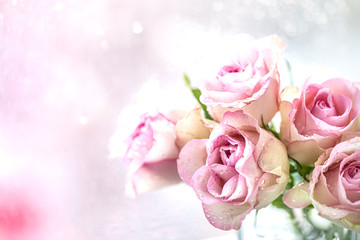 Pink roses bouquet with free space for text. copy space