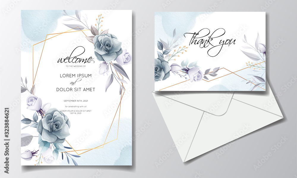 Navy blue floral wedding invitation card template with golden leaves ...