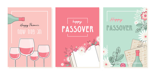 Passover greeting car set. Seder pesach invitation, greeting card template or holiday flyer. happy Passover in English and Hebrew.