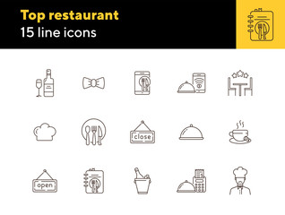 Canvas Print - Top restaurant line icon set. Chef, dish, waiter bow, award star isolated outline sign pack. Restaurant business concept. Vector illustration symbol elements for web design and apps