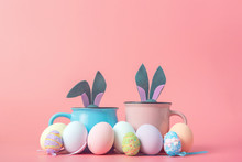 Cute And Cute Easter Background With Circles From Which The Ears Of The Easter Bunny Peek Out Next To The Easter Eggs