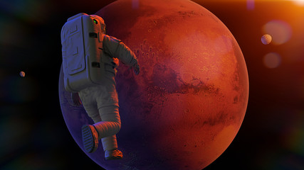 Canvas Print - astronaut during a space walk in orbit of mars, the red planet