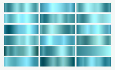 Blue foil texture background set. Vector turquoise elegant, shiny and metal gradient collection for border, frame, ribbon, label design..