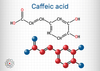 Poster - Caffeic acid, C9H8O4 molecule. It is hydroxycinnamic acid with antioxidant, anti-inflammatory, antineoplastic activities, is a key intermediate in the biosynthesis of lignin. Sheet of paper in a cage