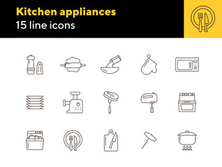 Poster - Kitchen appliances icons. Set of line icons. Mincing machine, mixer, rolling pin. Culinary concept. Vector illustration can be used for topics like restaurant business, cooking