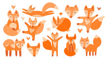 Vector Collection Of 11 Illustrations With Cute Chanterelles. Red Beautiful Foxes On A White Isolated Background. The Fox Sleeps, Sits, Runs, Hugs, Jumps, The Muzzle Of A Kind Wild Beast.