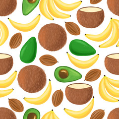 Exotic fruits seamless patter. Banana, coconut, nut, avocado. Element for menu, catalog, restaurant, cartoon, game, kitchen, textile, decor, holiday. 