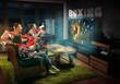 © master1305 - Group of friends watching TV, boxing match, championship, sport games. Emotional men and women cheering for favourite boxer, look on fighting. Concept of friendship, sport, competition, emotions.