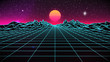 Synthwave Sunset Background. 80s Sun. Wireframe Landscape. Retro Future Perspective Grid. Banner, Poster, Print, Flyer Template. Retrowave Style. Sci-fi Abstract Backdrop. Stock Vector Illustration