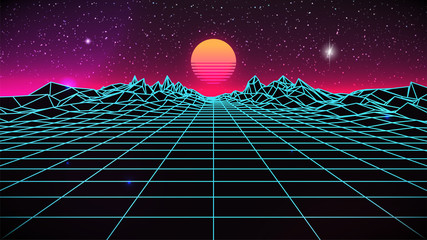 Wall Mural - synthwave sunset background. 80s sun. wireframe landscape. retro future perspective grid. banner, po