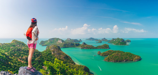 Panorama traveler woman on top group of island joy view beautiful nature scenic landscape, Adventure lifestyle landmark tourist travel Samui Thailand summer holiday vacation, Tourism destination Asia