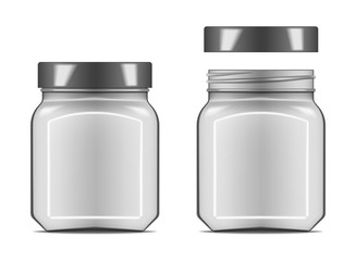 Wall Mural - clear glass square jar with closed and open screw lid isolated on white background, vector mockup. f
