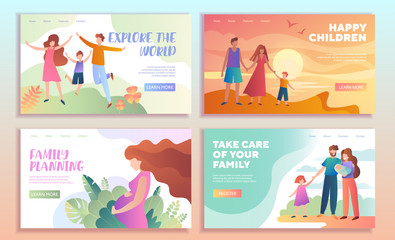 Set of insurance web page templates showing a pregnant woman and young families Exploring the World, walking on a beach at sunset and Parents Caring for their Children outdoors, vector illustration