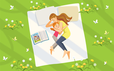 Wall Mural - Mother and daughter in nature. Happy family spending time on the lawn reading books and relaxing. Concept motherhood child-rearing. Vector illustration. Sweet dreams. Cartoon vector illustration