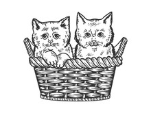 Kittens In Basket Sketch Engraving Vector Illustration. T-shirt Apparel Print Design. Scratch Board Imitation. Black And White Hand Drawn Image.
