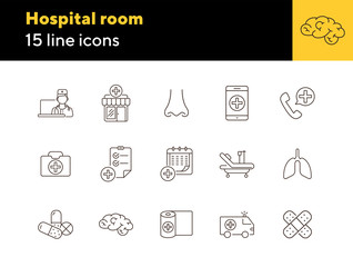 Canvas Print - Hospital room icons. Set of line icons. Ambulance car, bandage, adhesive plaster. Clinic concept. Vector illustration can be used for topics like medicine, healthcare, medical help