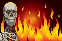 Skull Comic Style On Fire Background.