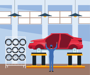 Wall Mural - car repair shop scenery with car body and mechanic standing working