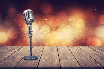 Sticker - Retro style classic microphone on wooden board