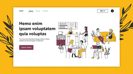  People drinking coffee in cafe. Coffee shop, using laptop, barista job flat vector illustration. Morning, free Wi-Fi, communication concept for banner, website design or landing web page