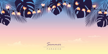 Tropical Summer Paradise Background With Fairy Light And Palm Leaves Vector Illustration EPS10