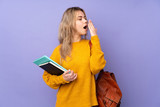 Fototapeta  - Teenager Russian student girl isolated on purple background yawning and covering wide open mouth with hand