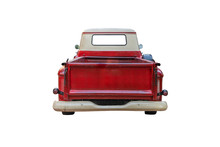 The Back Of A Vintage Red Pickup Truck,isolated On White Background With Clipping Path