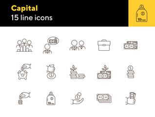 Canvas Print - Capital icons. Line icons collection on white background. Piggy bank, investment, earning. Money concept. Vector illustration can be used for topic like business, finance, banking