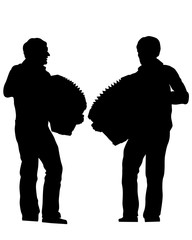 Wall Mural - Musician with a button accordion plays on stage. Isolated silhouette on a white background