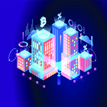 Blockchain Technology. Cryptocurrency Marketplace Of Bitcoin Mining Farm In Smart City. Digital Cloud Network For Crypto Currency.. Modern 3d Isometric Vector Illustration Of Web Page.  Design Concept