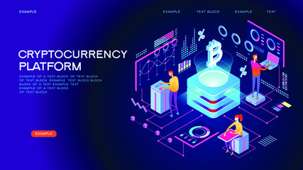 Wall Mural - Blockchain technology. Cryptocurrency marketplace of bitcoin mining farm in smart city. Digital cloud network for crypto currency.. Modern 3d isometric vector illustration of web page.  Design concept