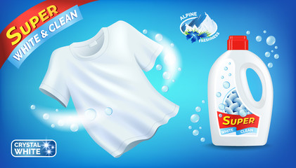 Laundry detergent ad with clean white T-shirt and liquid product package, plastic bottle with label, Alpine freshness perfume, vector illustration.