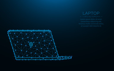 Wall Mural - Laptop made from points and lines on dark blue background, computer wireframe mesh polygonal vector illustration