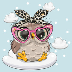 Wall Mural - Cartoon Owl in pink glasses on the cloud