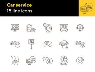 Poster - Car service icons. Set of line icons. Car on road, wheel, tyre. Car repair concept. Vector illustration can be used for topics like car service, business, advertising