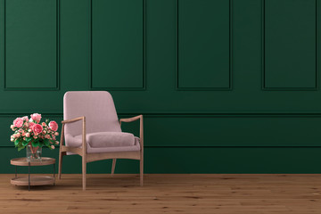 Wall Mural - elegant and modern interior design setting with pink armchair and wooden cofee table with vase of roses on dark green wall, 3d render