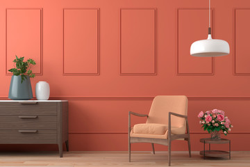 Wall Mural - vibrant orange interior design background with peach colored armchair, lamp and cofee table with roses on modern moulding wall, 3d render