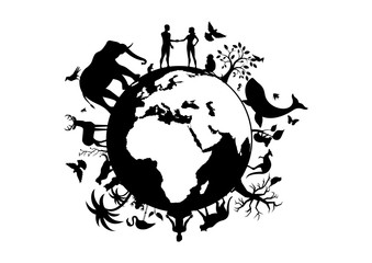 planet earth with animals and humans black silhouette vector. planet earth black silhouette. wild an