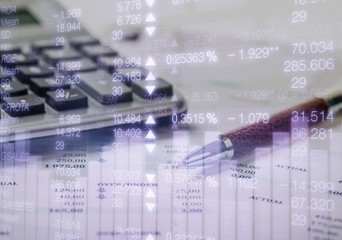 Poster - Calculator, pan and the financial report on the desk