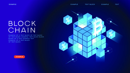Blockchain network concept , Distributed ledger technology , Block chain text and computer connection. Modern 3d isometric vector illustration of web page.  Design concept.